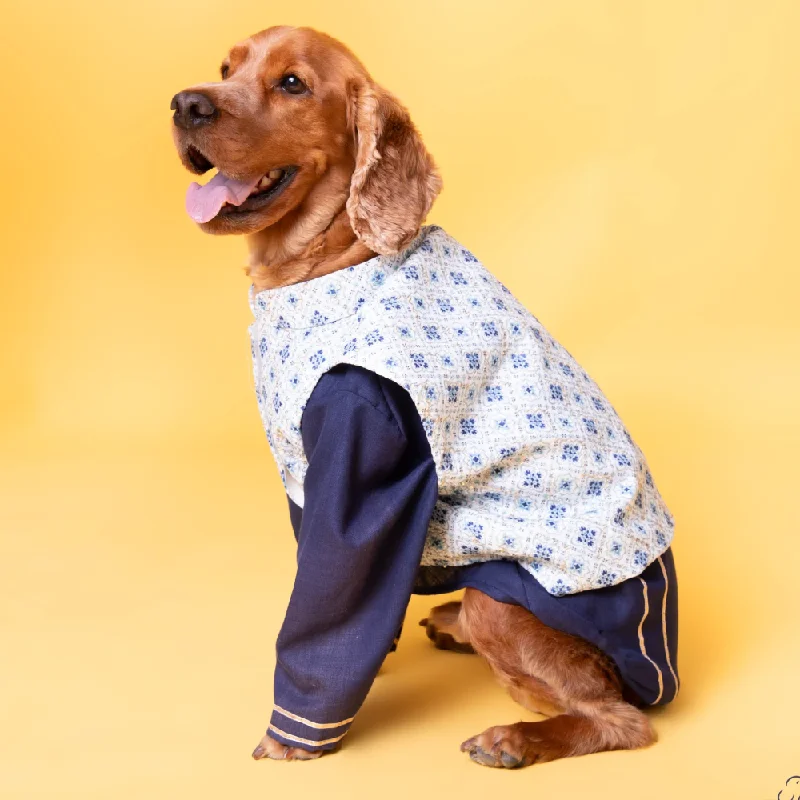 - Winter warm clothes for short-haired dogsThe Papaw Cartel Mosaic Print With Golden Zari Koti And Kurta for Dogs (white/Navy Blue)