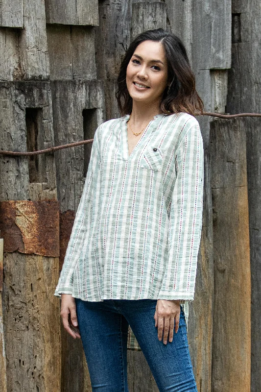- Remote interactive pet feederMae Ping Breeze Green Striped Cotton Blouse