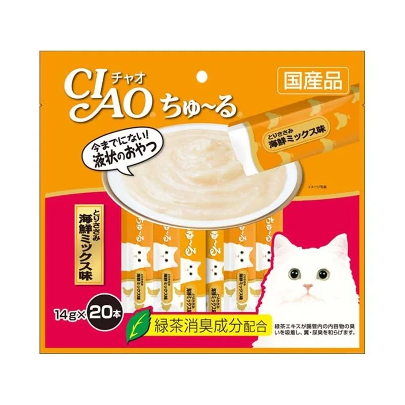    - Cat food for coat health  Ciao Churu Chicken Fillet Seafood Mix Cat Treats