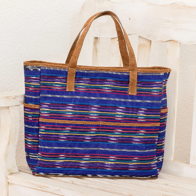 ---Champerico Bound Hand Woven Blue Multicolor Cotton Tote Purse from Guatemala