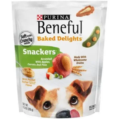 - Car dog seat beltPurina Beneful Baked Delights Snackers with Apples, Carrots, Peas & Peanut Butter Dog Treats
