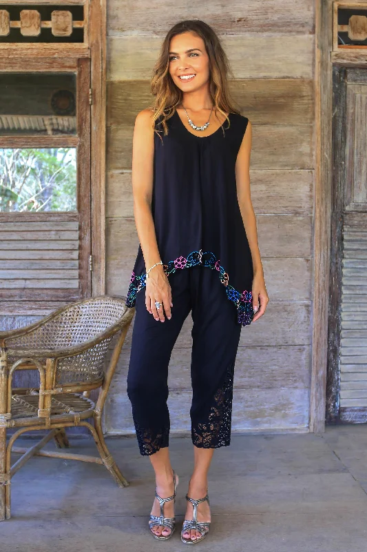 - Custom pet birthday cakeOnyx Padma Flower Floral Embroidered Rayon Pants in Onyx from Bali