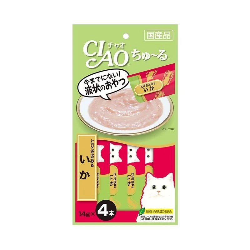    - Digestive care cat food  Ciao Churu Chicken Fillet & Squid Cat Treats
