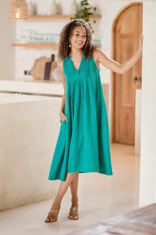 ---Good Fortune Sleeveless Cotton A-Line Dress from Thailand