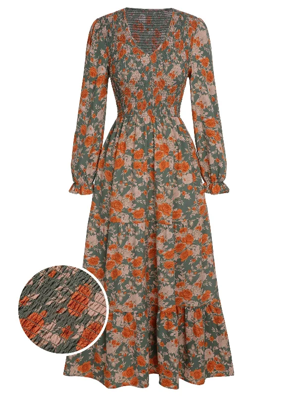 1940s V-Neck Floral Long-Sleeved Dress