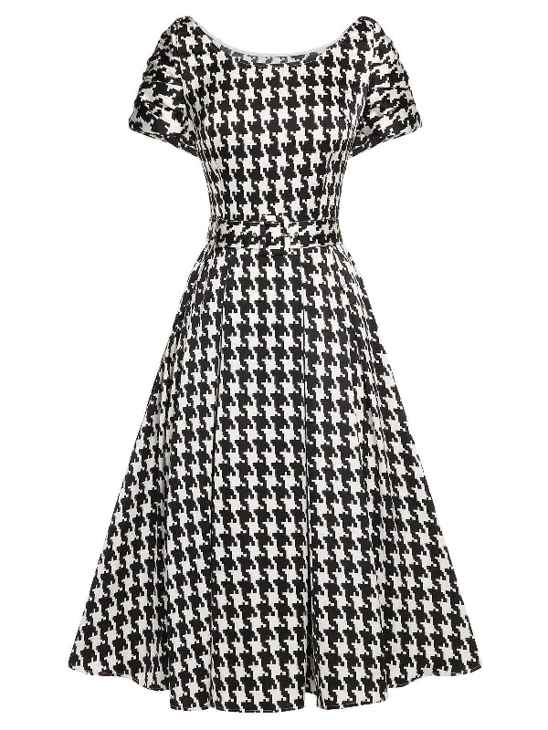 Black 1950s Houndstooth Short Sleeve Belted Dress