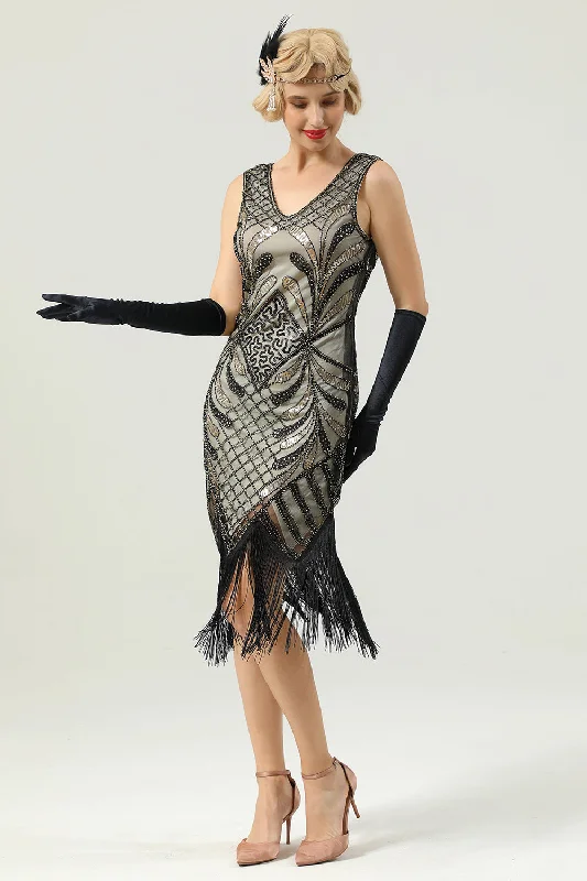 Black and Gold V Neck Sequin 1920s Flapper Dress