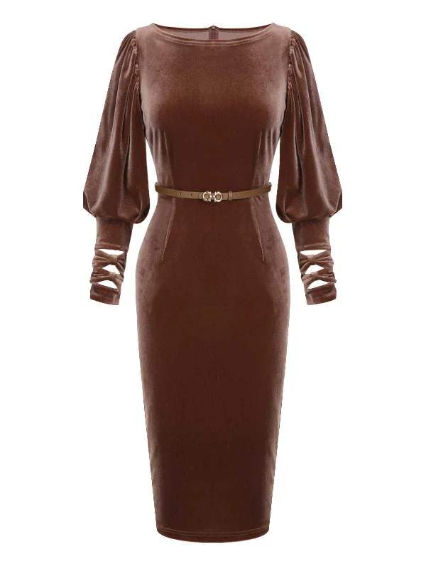 Dark Brown 1960s Puff Sleeve Velvet Belted Dress