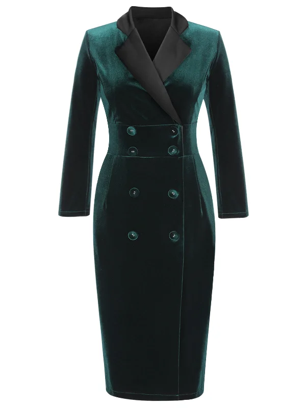 Dark Green 1960s Lapel Button Velvet Dress