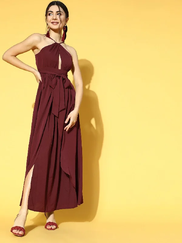 Berrylush Women Solid Maroon Halter Nack Front Cutout Tie-Up Waist Asymmetrical Hem Slited Maxi Dress