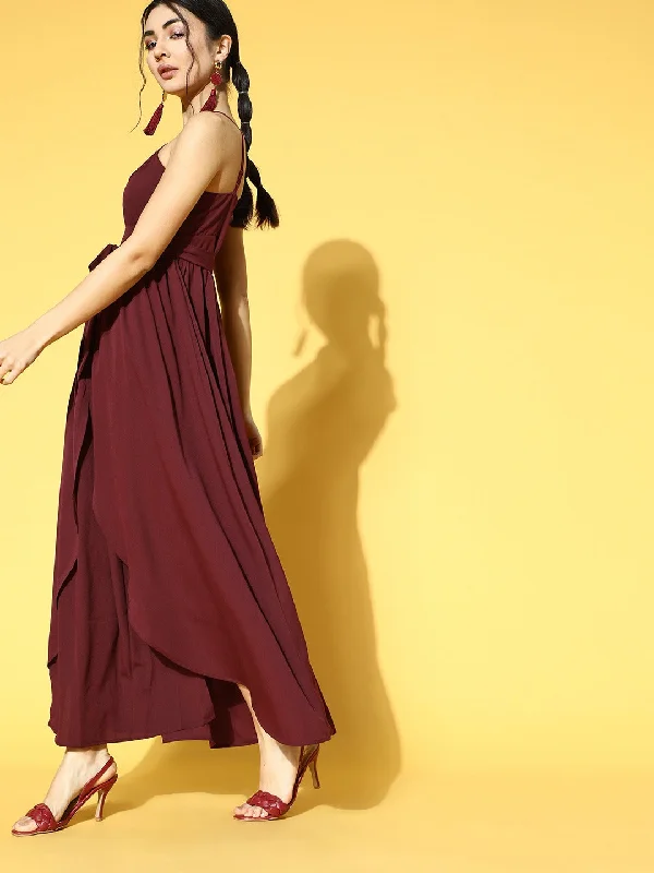 Berrylush Women Solid Maroon Halter Nack Front Cutout Tie-Up Waist Asymmetrical Hem Slited Maxi Dress