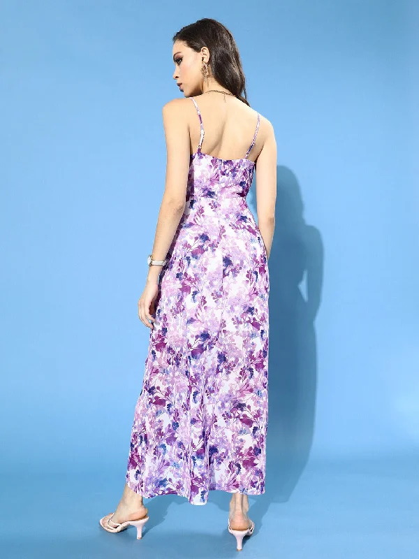 Berrylush Women White Floral Printed Asymmetric Hem Maxi Dress