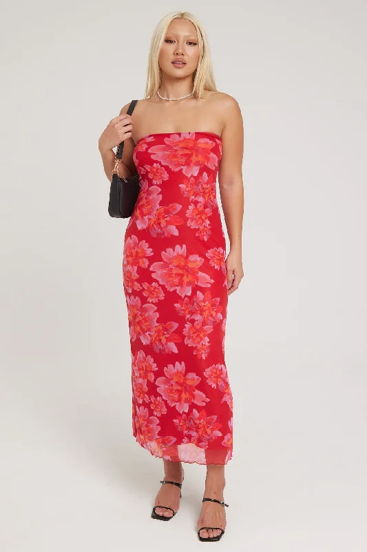 Luck & Trouble Raspberry Fiesta Recycled Maxi Dress Red Print