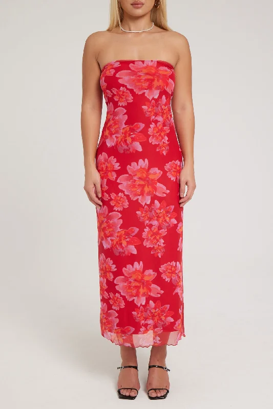 Luck & Trouble Raspberry Fiesta Recycled Maxi Dress Red Print