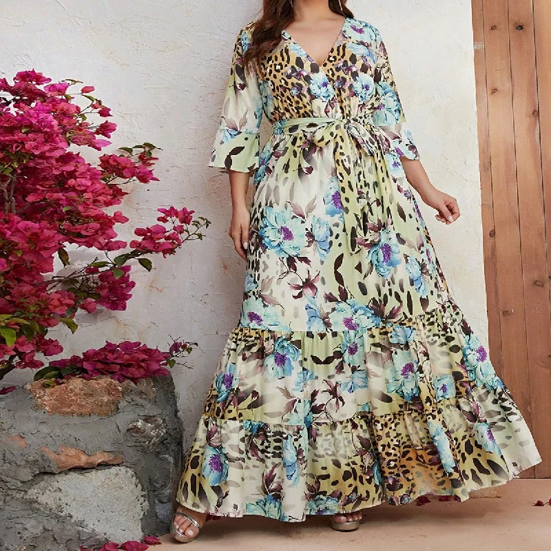 NiDELL Middle East High Sales Oversized Women's Clothing Summer Chiffon Floral Print Mid-Length Sleeves Long Holiday Dress-Fmgn594