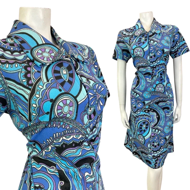 VINTAGE 60s 70s BLUE BLACK WHITE PSYCHEDELIC GEOMETRIC ZIP-UP MOD SHIRT DRESS 16