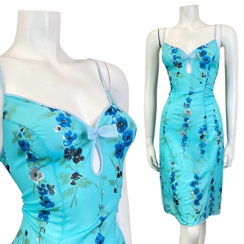 VINTAGE 60s 70s BLUE GREEN FLORAL CUT-OUT STRAPPY NIGHT CHEMISE SLIP DRESS 10