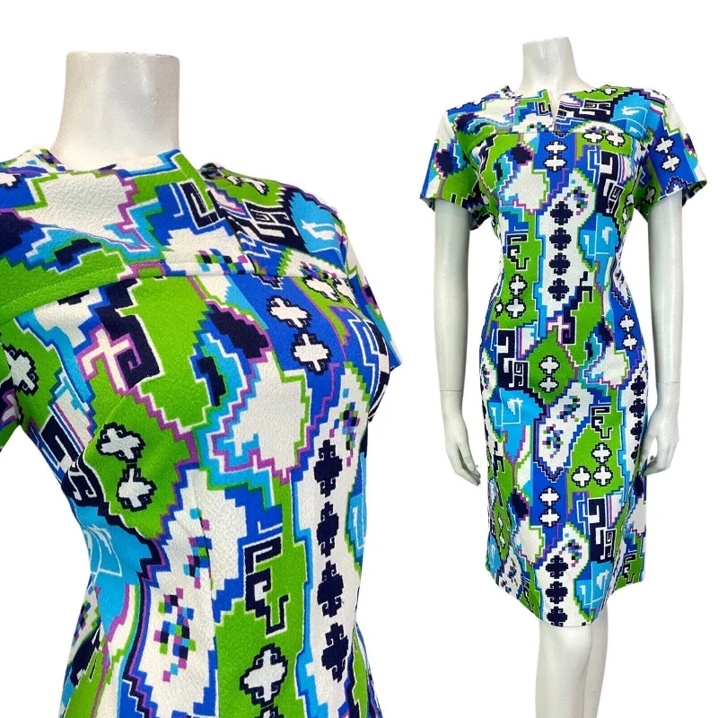 VINTAGE 60s 70s BLUE GREEN WHITE GEOMETRIC PSYCHEDELIC PIXEL MOD DRESS 14 16