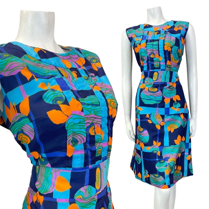 VINTAGE 60s 70s BLUE ORANGE FLORAL ROSE GEOMETRIC MOD SLEEVELESS DRESS 16 18