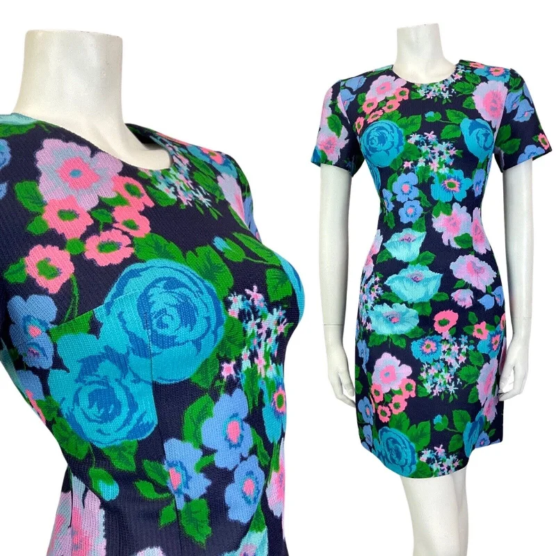 VINTAGE 60s 70s BLUE PURPLE GREEN FLORAL ROSE MOD SHORT DRESS 10 12