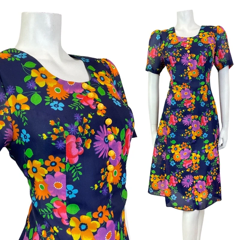 VINTAGE 60s 70s BLUE YELLOW PINK FLORAL SHEER MOD SUMMER SWING DRESS 10 12