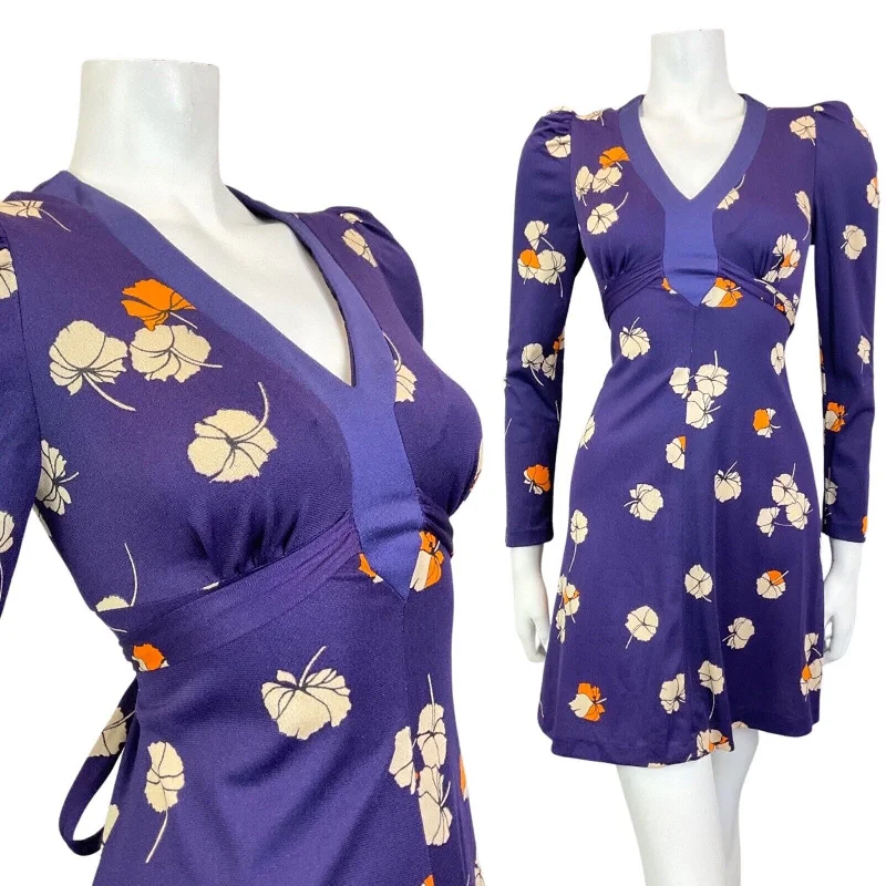 VINTAGE 60s 70s PURPLE BEIGE ORANGE FLORAL LONGSLEEVE MOD SUMMER SWING DRESS 12