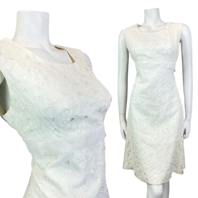 VINTAGE 60s 70s WHITE EMBROIDERED CIRCLE FLORAL CUT-WORK VERA MONT DRESS 12