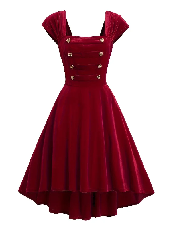 Wine Red 1950s Heart Button Solid Dress