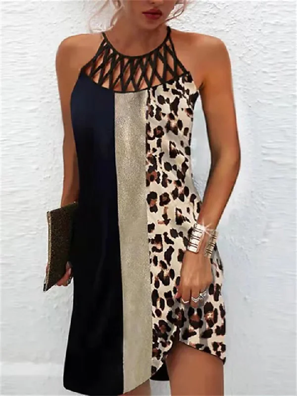 Women's A Line Dress Knee Length Dress Leopard Black Blue Wine Dark Blue Sleeveless Print Print Summer Halter Neck Elegant 2022 S M L XL XXL 3XL 4XL 5XL