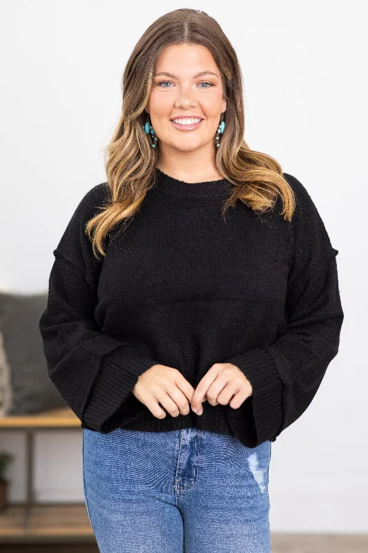 Black Ribbed Trim Crew Neck Sweater