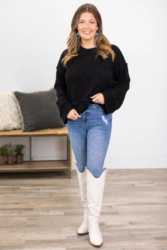 Black Ribbed Trim Crew Neck Sweater