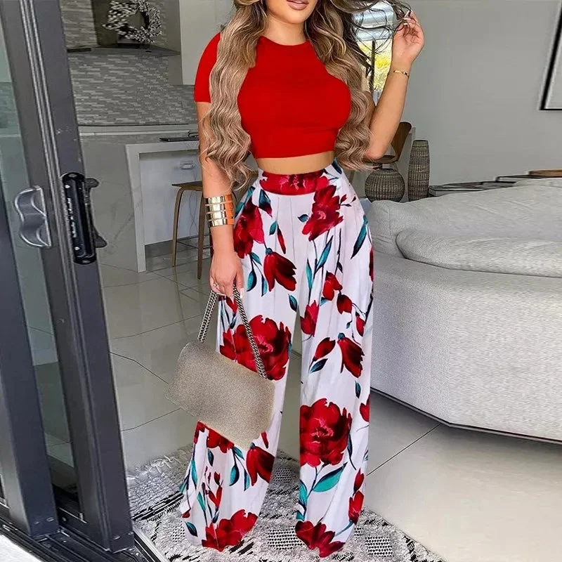 Plain Crop Top & Floral Print Pants Set