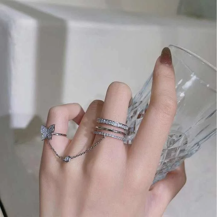 Silver Plated Butterfly Finger Rings Women Ins Trending Multi Layer Full Rhinestone Butterfly Nail Ring