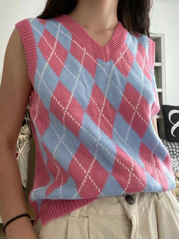 Trendy Check Knitted Vest for Women