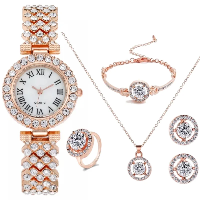 Women Watch Jewelry 5 Pcs Set - Watch Necklace Bracelet Earrings Ring - H128