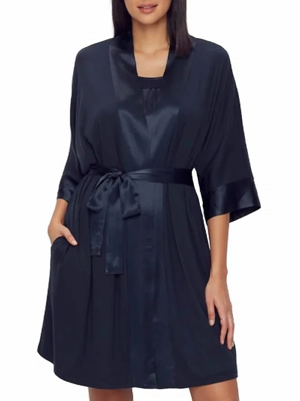 Shala Rib Knit Robe W/ Satin Trim In Navy Blue