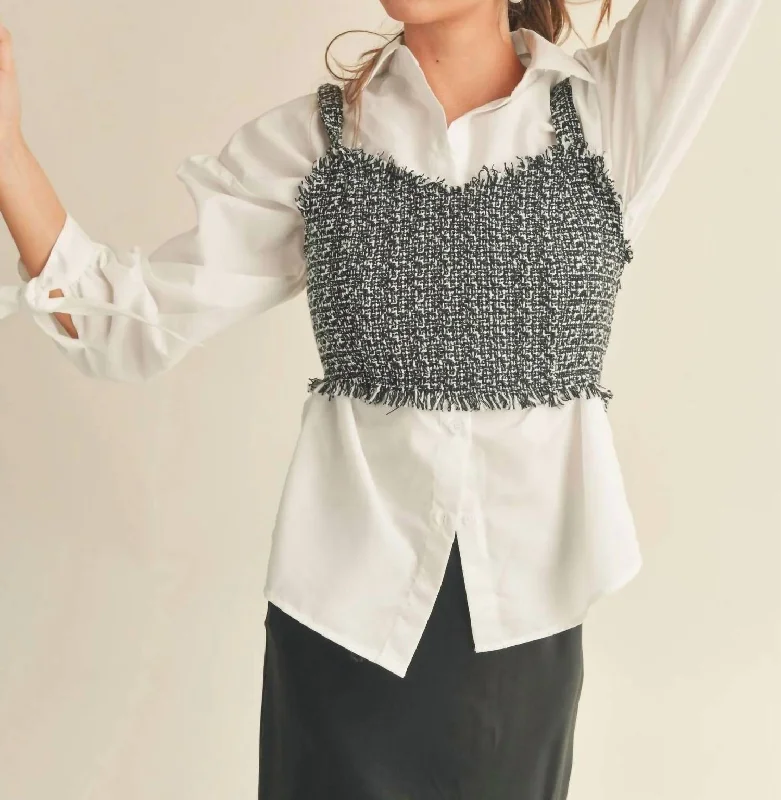 Tweed Crop Top With Button Down Shirt Combo In White Multi