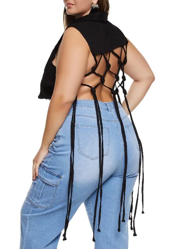 Plus Size Macrame Fringe Cropped Denim Vest