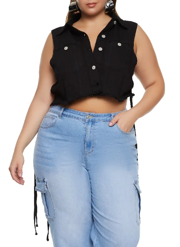 Plus Size Macrame Fringe Cropped Denim Vest