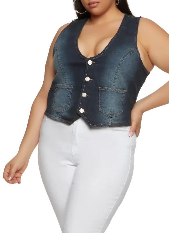 Plus Size Button Front Denim Vest