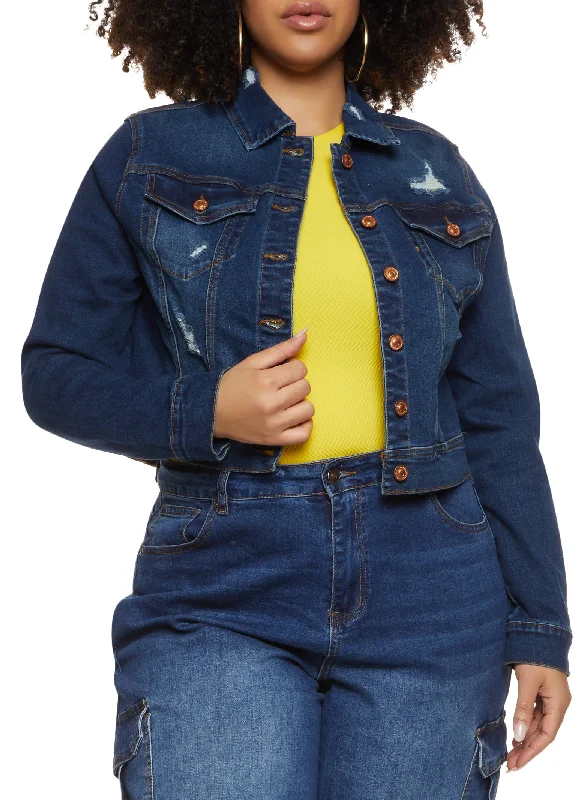 Plus Size WAX Distressed Cropped Jean Jacket