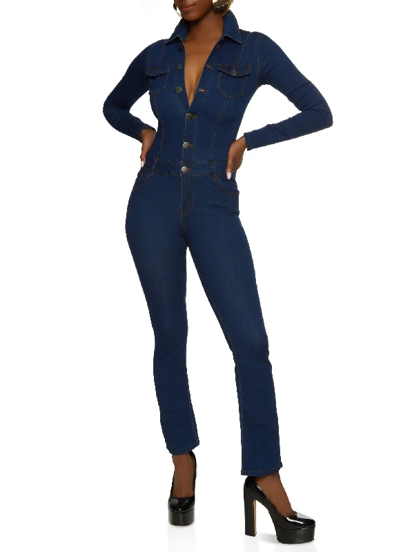 VIP Denim Button Front Long Sleeve Jumpsuit