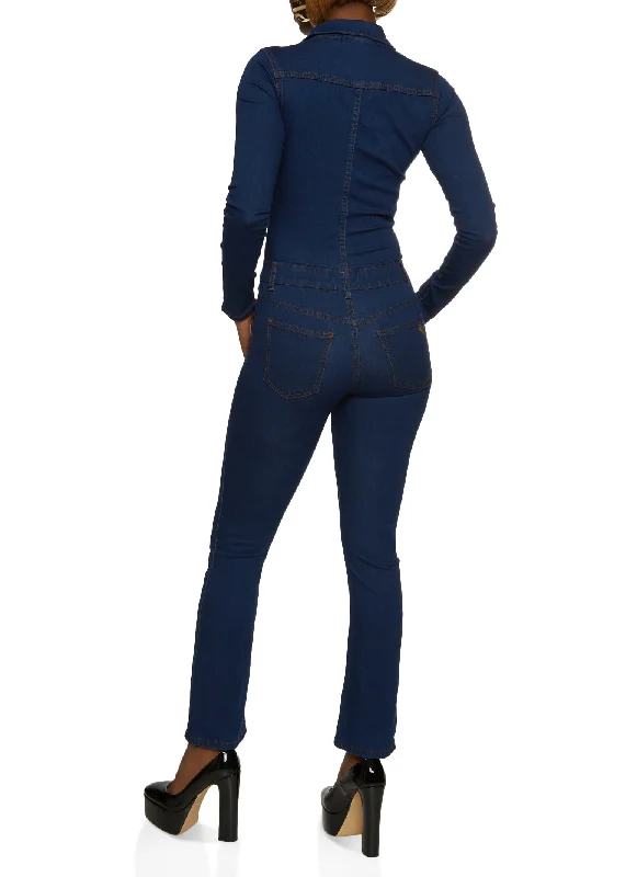 VIP Denim Button Front Long Sleeve Jumpsuit