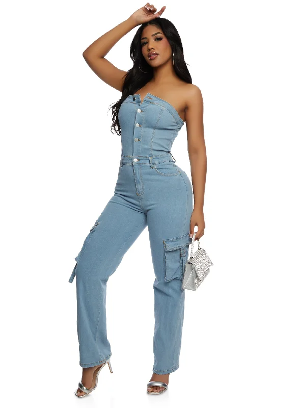 Daisy Denim Strapless Cargo Pocket Jumpsuit