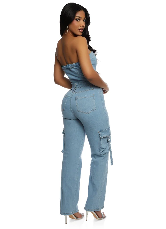 Daisy Denim Strapless Cargo Pocket Jumpsuit