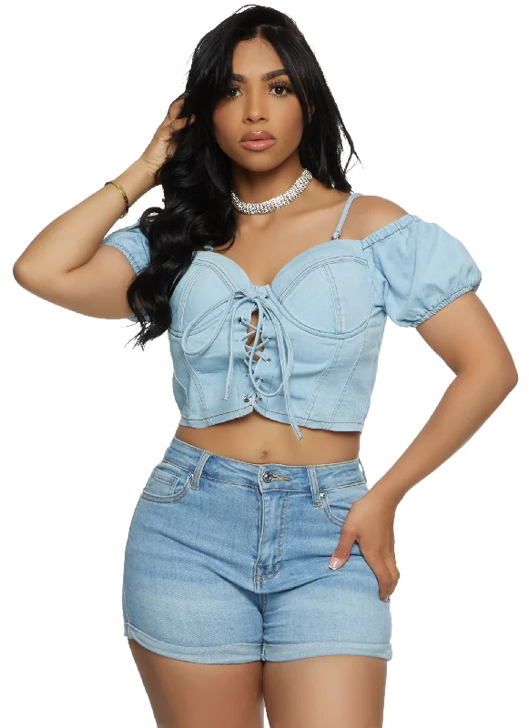 Denim Cold Shoulder Lace Up Bustier Top