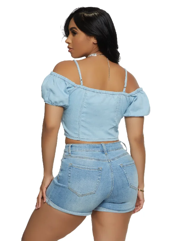 Denim Cold Shoulder Lace Up Bustier Top