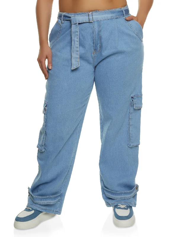 Plus Size Belted Wide Leg Cargo Jeans