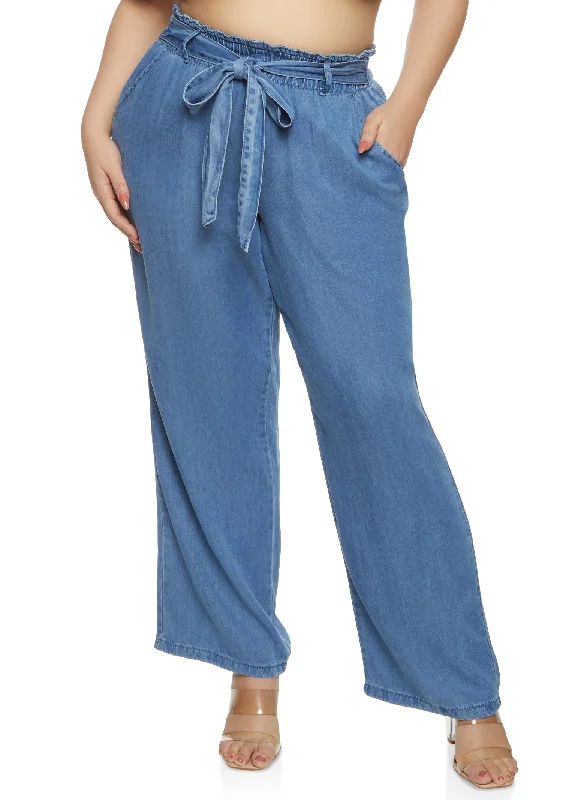 Plus Size WAX Denim Paperbag Wide Leg Pants