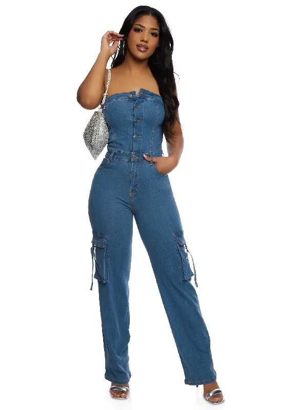 Daisy Denim Strapless Cargo Pocket Jumpsuit